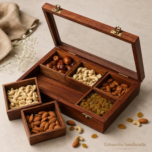 Image of Wooden Spice Box with 6 Removable Compartments|Masala Dabba for Kitchen Storage | Premium Wooden Spice Organizer with Transparent Glass Lid | Multipurpose Storage Box 120 ML