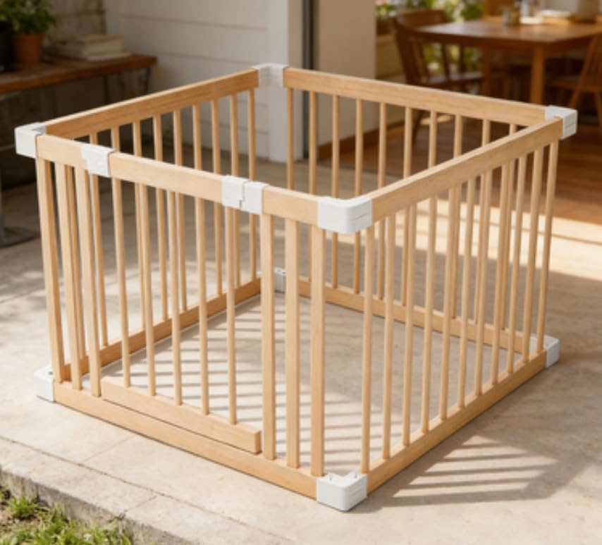 Baby Playpen, Wooden Playpen for Babies and Toddlers,Large Adjustable Wooden Baby Playard with Locking Gate, Easy to Assemble, Portable Play Pen (30.68x24.06Inch)