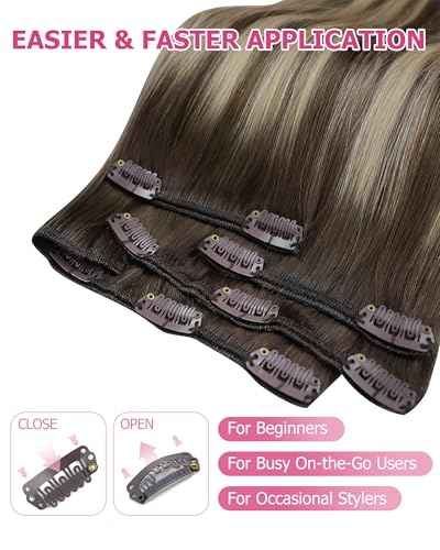 Image of YoungSee Clip in Human Hair Extensions Brown Balayage Clip in Extensions Real Human Hair Chocolate Brown with Ash Blonde Clip on Human Hair Extension for Short Straight Hair 12Inch 85G 7Pcs