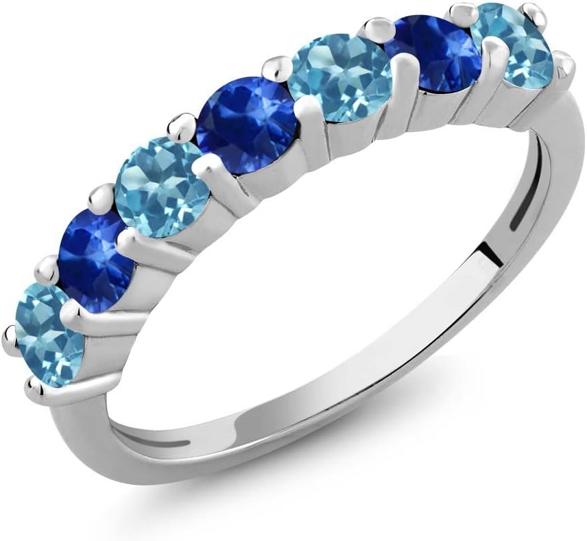 Gem Stone King 925 Sterling Silver Gemstone Birthstone and Blue Sapphire Wedding Band Engagement Anniversary Ring | Round 3.5MM | 7 Stone Promise Ring For Women