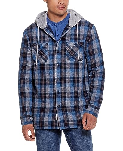 Image of Weatherproof Vintage Mens Hooded Sherpa Lined Soft Brushed Plaid Button-Down Shirt Jacket (Blue, Small)