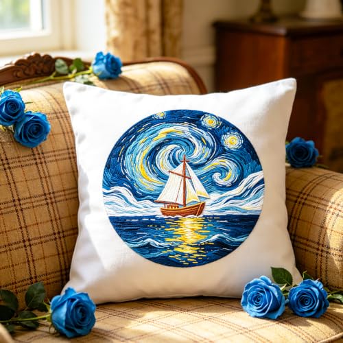 Image of BEUNITONE 4pcs Embroidery Kit, Starry Sky & Beach Stamped Embroidery Kits with Hoop, Thread & Needles, Cross Stitch Kits Sewing Gifts for Adults and Beginners, DIY Craft for Relaxation