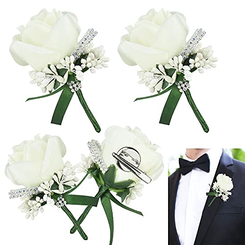 JUNMEIDO 4 Stück Boutonniere Rose Weiß Hochzeit Boutonniere Handarbeit...
