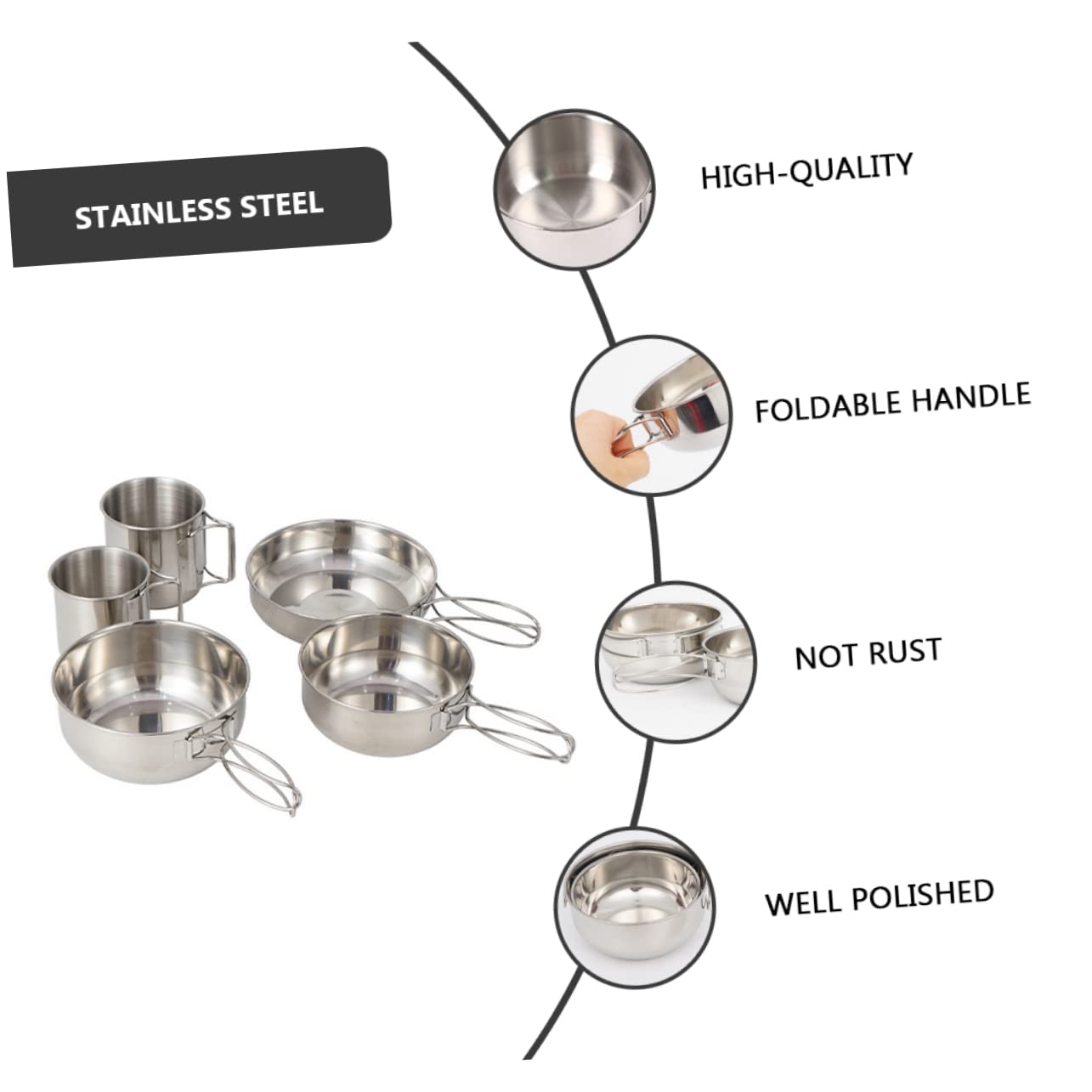 Ensemble de Vaisselle de Camping Portable 5 Pièces en Acier Inoxydable | Poignée Pliable, 1 Set Casserole, Grand Bol, Petit Bol, Grosse Tasse et Petite Tasse