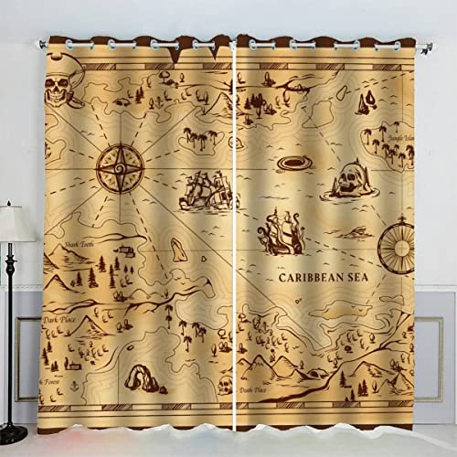 AKATIE Carte Rideau Occultant Lot de 2 Chambre Enfant Fille Garcon 3D Impression Carte Pirate Motif Rideaux Acoustiques Opaque Petites Fenêtres Décoration （140x160...