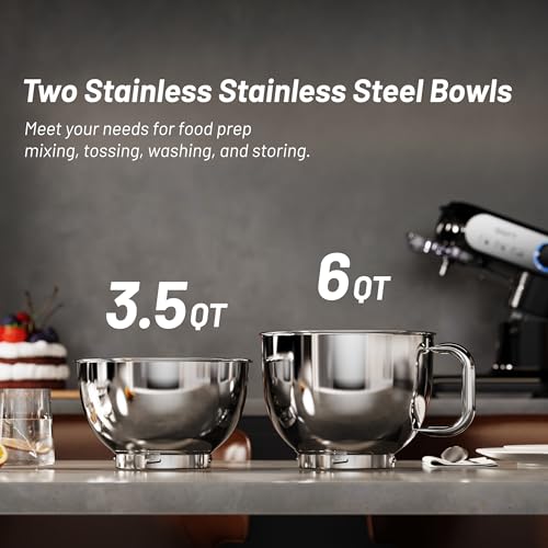 Image of Stand Mixer, 3.5QT+6QT Two Bowls Kitchen Electric Mixer, 600W 6+P speed Tilt-Head Food Mixer with Stainless Steel Bowl, Dishwasher-Safe Dough Hook, Flat Beater, Wire Whisk, Splash Guard, Black