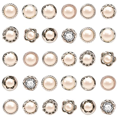 30Pcs Women Shirt Brooch Pins Cover Up Buttons Pins Pearl Safety Button Brooches for Women Dress Pin Rhinestone Invisible Buttons for Clothing Jeans Coat Sweater Hat Bags Decorations