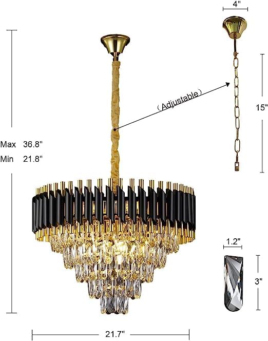 Image of Modern Crystal Chandelier 600mm Black and Gold Round Pendant Ceiling Light Fixture Flush Mount for Dining Room Living Room Bedroom Foyer Hallway Entryway