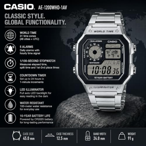 Image of Casio AE1200WH Series | Men's Digital Watch | 100M WR | Multi Alarms | 100 SEC Stopwatch | Countdown Timer | World Map for World Time | LED Light | LC Analog Display | 10 Year Battery