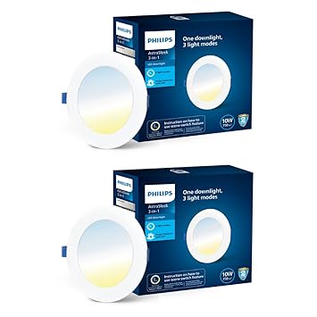PHILIPS Astra Sleek 10-watt Round LED Downlighter | 3 Colors in 1 Recessed LED Downlight | LED Ceiling Light for Home and Hall | Cut Out: 4.3 inch, Color: Tunable White, Pack of 2 - image, photos