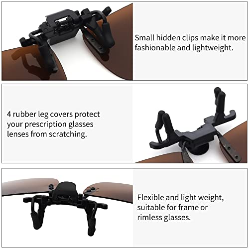 JM Polarized Clip on Sunglasses Frameless Flip Up Lens for Prescription Glasses Brown3