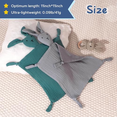 Image of ZIGJOY Bunny Lovey Muslin Cotton Baby Security Blanket Soft Breathable Lovies for Babies Gifts for Newborn Infant Toddler Boys and Girls, Grey & Blue