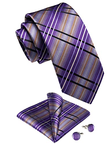 Image of DiBanGu Striped Tie Set for Men Silk Woven Plaid Necktie and Pocket Square Cufflinks Business Wedding