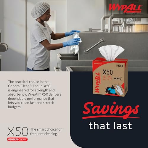 Image of WypAll GeneralClean X50 Cleaning Cloths, 5 x 132 Towels, White (59753) | Pop-Up Box, White Towels, Light-Weight, Engineered to Clean Dirt and Sticky Messes