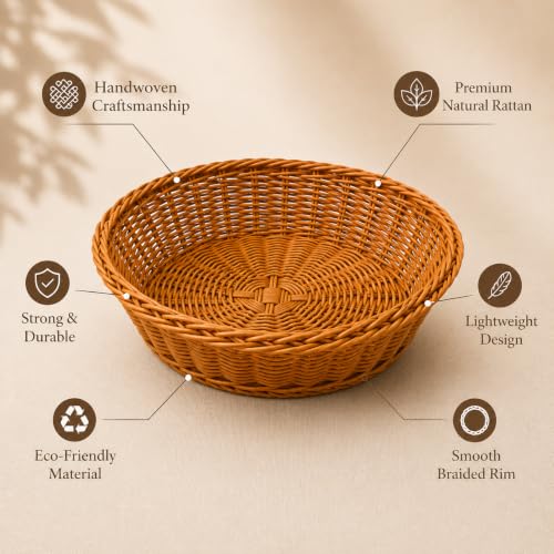 Image of Round Roti Basket Set of 6 |Bread Basket |Woven Plastic Serving Baskets for Snacks, Chapati, Bakery Items & More | Durable & Easy-to-Clean for Home, Cafe & Restaurant Use, Brown