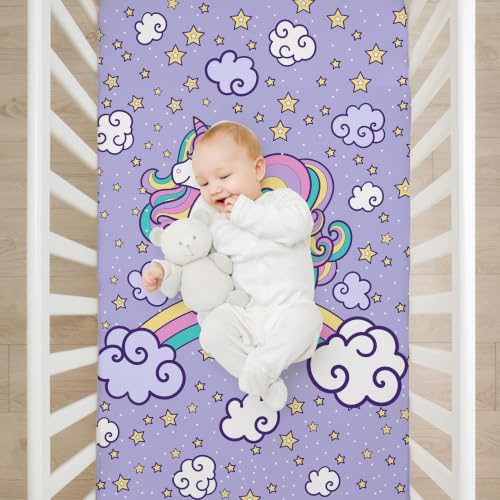 Image of 4 Pack Unicorn Baby Girl Crib Sheet Set, Rainbow Soft Breathable Fitted Pink Purple Crib Sheet, Cute Princess Nursery Decor for Standard Crib and Toddler Bed Mattresses 28 x 52 in