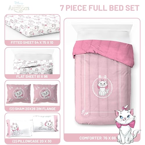 Image of Jay Franco Disney Aristocats Marie Full Sized Comforter Set - 7 Piece Bedding Includes Sheet Set & Pillow Covers - Super Soft Cozy White Kitty Bedding