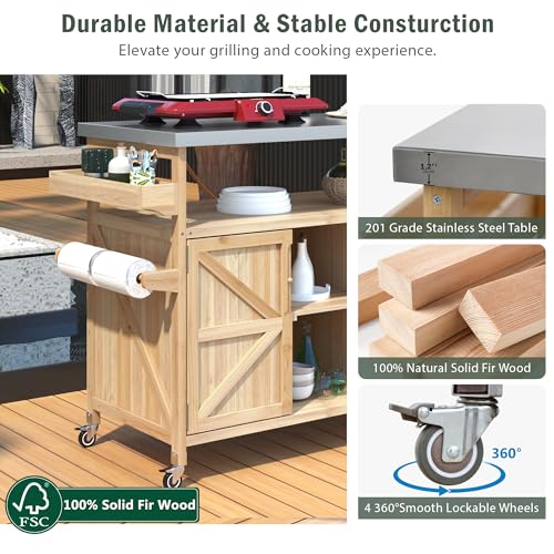 Image of Merax Outdoor Kitchen Island, Rolling Bar Cart & Storage Cabinet, Farmhouse Solid Wood Outdoor Grill Table with Stainless Steel Top, Spice Rack, Towel Rack for Kitchen & BBQ, Natural
