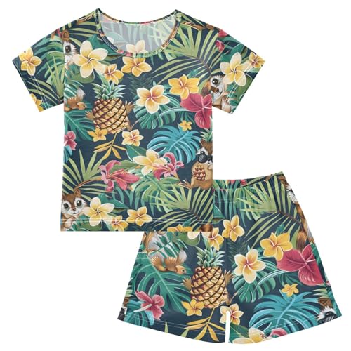 ALAZA Pineapple Capybara Palm Leaf Pajamas Short Sleeve 2 Piece Sleepwear Top and Bottom Pajama Set Unisex