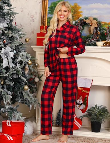 Image of SWOMOG Womens Pajamas Set Long Sleeve Sleepwear Button Down Nightwear Soft Cotton Pj Lounge Sets