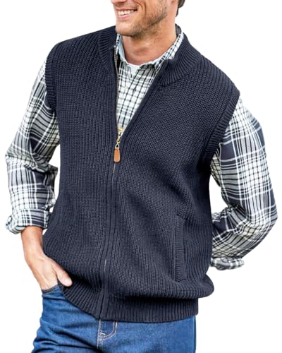 Ryannology Mens Full Zip Up Sweater Vest Knitted Cardigan Slim Fit Casual Warm Sleeveless Outerwear with 2 Pockets