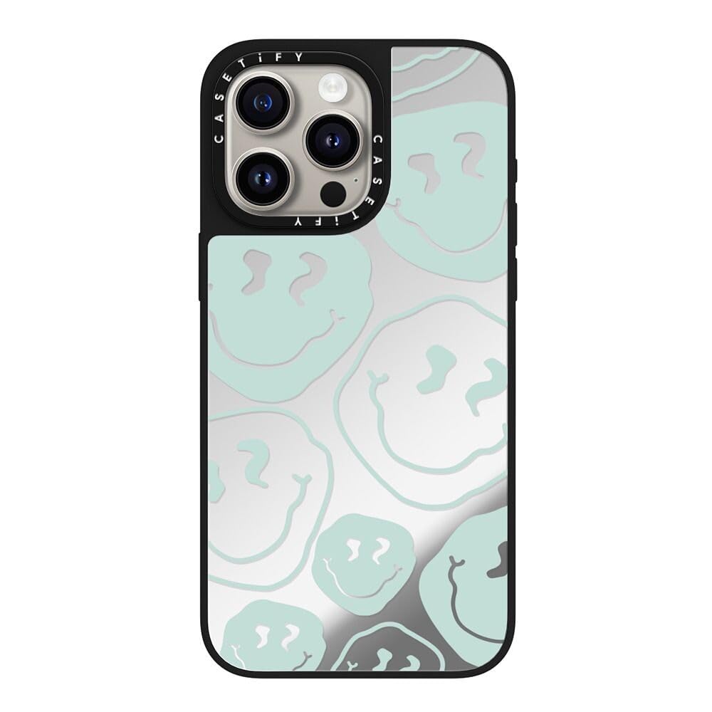 CASETiFY Mirror iPhone 15 Pro Max Case [Reflective / 4.9 ft. 1X Military Grade Drop Protection/Compatible with Magsafe] - Aqua Smile Transparent - Silver on Black
