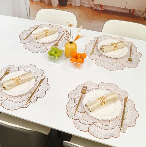 Image of Yellow Weaves 4 Pcs PVC Round Table Placemats, Dining Table Mat, Stain Resistant, Anti-Skid, Waterproof, Washable, Dining, Kitchen, Restaurant Table Set Easy to Clean, Durable (Floral Rose Gold)