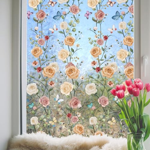 Película decorativa para ventana efecto vitral Boho floral 40x15.75 pulgadas miniatura 2