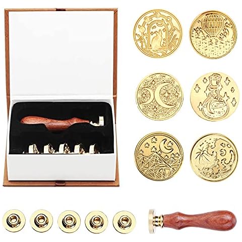 Starry Sky Wax Seal Stamp Set, 6 PCS Starry Moon Seal Wax Stamp Kit and 1 Wooden Hilt, Vintage Personalized Wax Seal Stamp for Letter Cards Invitations Cover