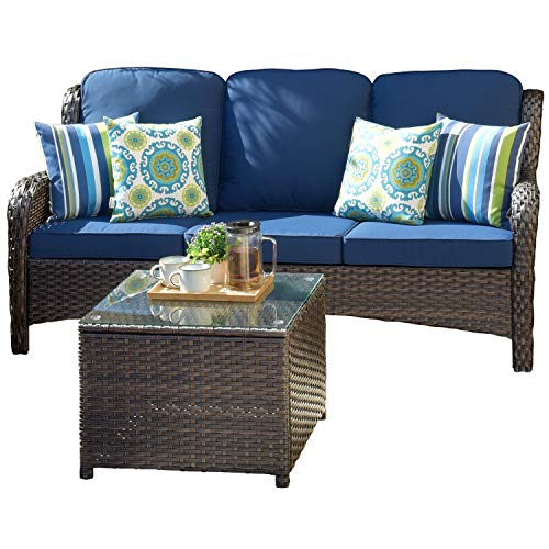 XIZZI Patio Furniture Outdoor Conversation Set All Weather Wicker 6 Pieces High Back Sofa with Coffee Table and Ottomans,Brown Wicker Navy Blue - Image 4