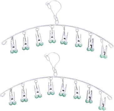 2Pack Drying Hanger, Stainless Steel Drying Rack, Drip Hanger With 8 Pegs for Underwear Socks Bra Panty Gloves, Windproof, Quickly Remove Clothes from Hanger Green