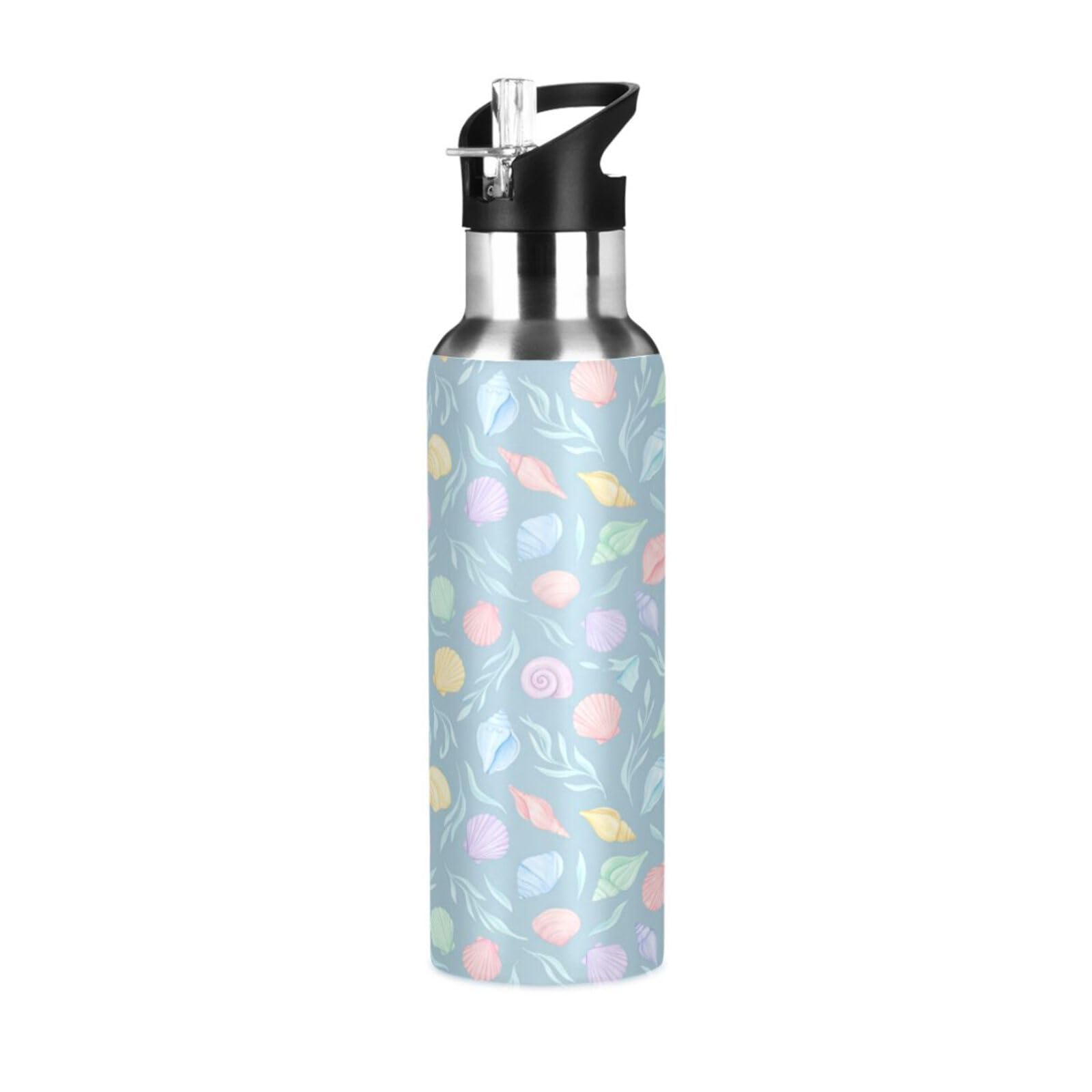 BOESI Pastel Watercolor Seashell Insulated Water Bottle 600ml, Stainless Steel Vacuum Sports Bottle with Straw, Leak Proof Thermal Bottle for Gym Travel Outdoor