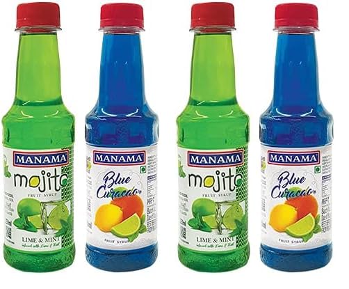 Manama Lime and Mint Mojito Flavoured Syrup and Blue Curacao Flavoured Fruit Twist Syrup 250ML Each, Pack of 4-image-34