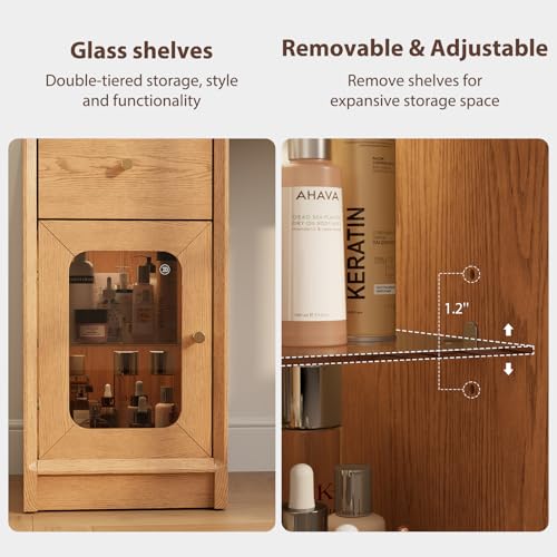 Image of AnywaysWood Luxury 100% Solid Wood Vanity Desk, Mid-Century Modern Makeup Table with Glass Top & Ambient Light, 2-in-1 Vanity and Nightstand with Storage Cabinet for Bedroom (Log Color Desk Only)