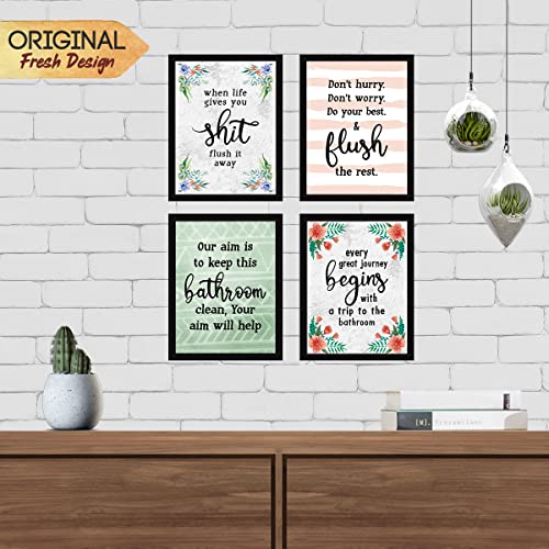 Image of Chaka Chaundh Engineered Wood Bathroom Poster With Frame, Quotes Framed Posters (14X11In, Set Of 4) (Multicolor, Floral)