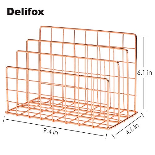 Delifox Mail Sorter - Letter Organizer Metal Desktop File Rack Postcard Holder for Home and Office, Rose Gold - Thumbnail 5