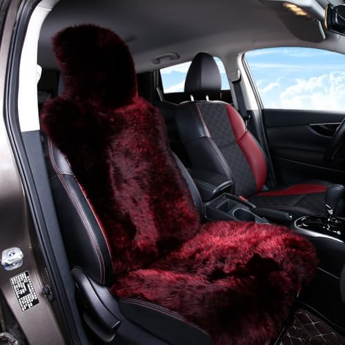 OGLAND Sheepskin Fur Car Seat Covers, Universal Size Australian Long Wool Car Seat Cushion for Adult Man Women, 1 Piece Seat (Burgundy/Dark Red)