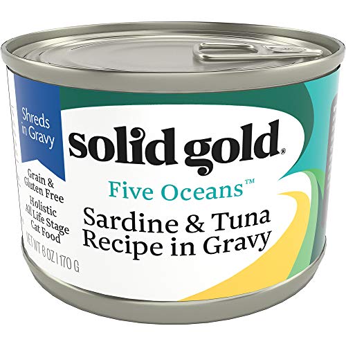 Image of Solid Gold Wet Cat Food Shreds in Gravy - Canned Cat Food Made w /Real Tuna & Sardine - Five Oceans Grain Free 16ct /6oz Can