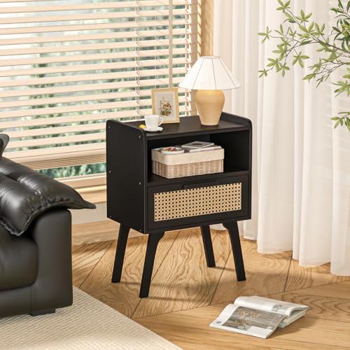 Image of Lerliuo Rattan Nightstand, Bedside Table with Drawer Open Shelf, Cane Accent Side End Table with Solid Wood Legs, Black Mid Century Night Stand for Bedroom, Dorm and Small Spaces