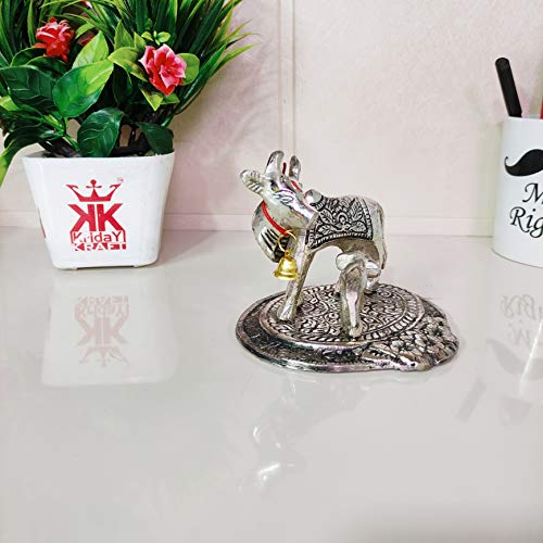 Image of KridayKraft Kamdhenu Cow,Calf with Bal Gopal Krishna Metal Statue for Good Luck,Feng Shui As Table Top Figurine,Vastu,Religious Gau MATA Idol Home,Office&Table (Silver, Small)