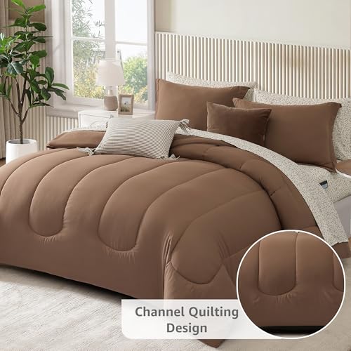 Image of Monbix Queen Comforter Set - 7 Pieces Brown Bed in a Bag Queen Track Stitching Bedding Sets, All Seasons Comforter Bed Set with Sheets,Pillowcases & Shams