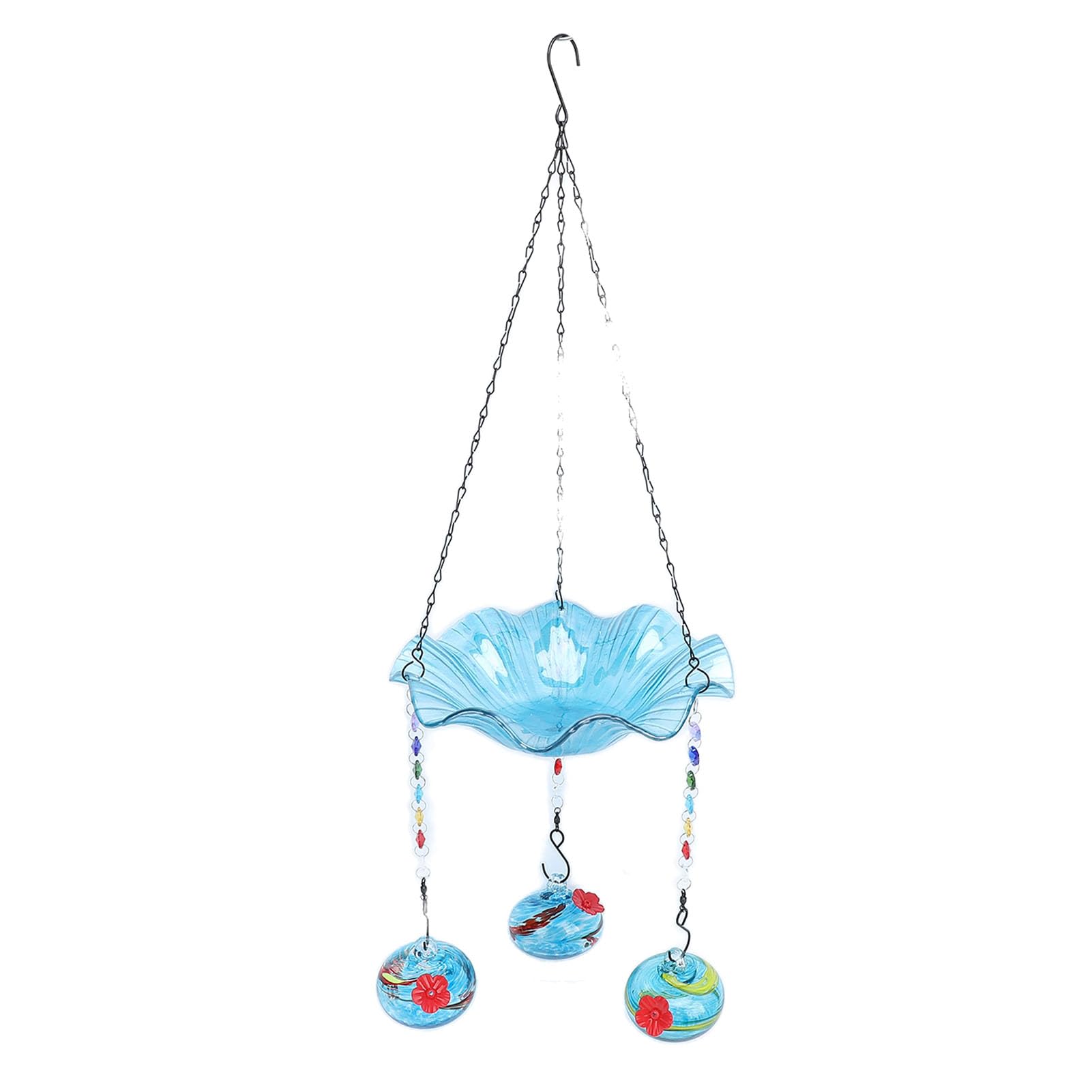 Kikumi Comedero para Colibríes, Baño para Pájaros Al Aire Libre, Fuente Solar Colgante 2 en 1 con 3 Recipientes de Alimentación para Pájaros Pequeños
