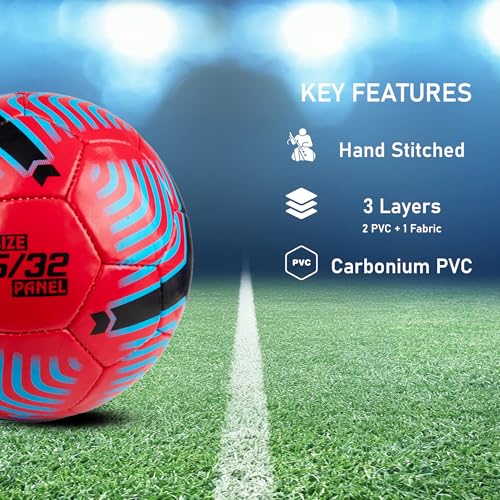 Image of WHACKK Football Soccer Ball Hand Stitched for Practice & Training - Original PVC Waterproof. 3 Layered Ideal Sports Ball for All Ages on Ground, Grass and Turf (Size 5, Red)