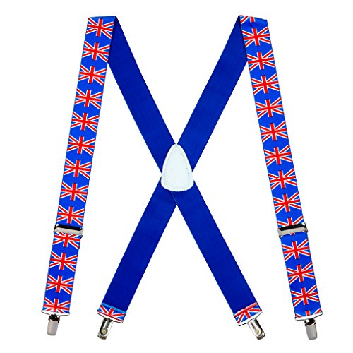 Suspender Store Novelty United Kingdom Flag Suspenders - 1.5-Inch Wide Elastic - X-Back - Clip - 42