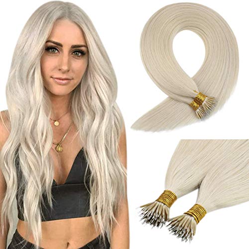 VeSunny 24inch Nano Ring Hair Extensions Human Hair Color #60 Platinum Blonde Nano Tips Hair Extensions Microbead Hair Extensions 1g/s 50g Per Package