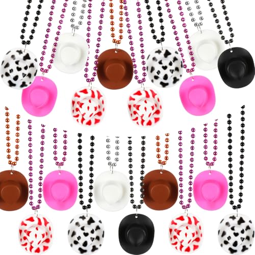 Soulchen 24 Pcs Plastic Mini Cowboy Hat Bead Necklace Multicolor Tiny Western Cowboy Cowgirl Hats Necklace for Party Accessories Dress up Party Supplies