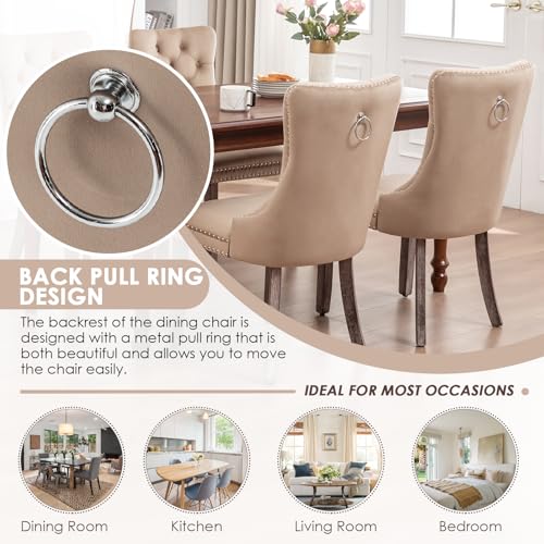 Image of Velvet Dining Chairs, Tufted Kitchen & Dining Room Chairs, Khaki, Set of 2