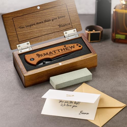 GIFTS TO ENGRAVE Custom Pocket Knife for Men, Personalized Fathers Day Gift, Engraved Hunting Knife, Wood Handle, Groomsmen & Best Man Gift - Image 2