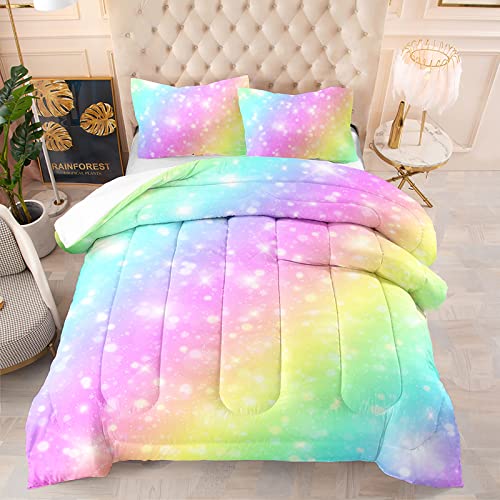 Bailipromise Rainbow Bedding Set For Girls Colorful Kids Comforter Set Full Tie Dye Pastel Duvet With Golden Stars Glitter Watercolor Girly Quilt Set Toddler Bedding Sweet Bedroom Decor 3 Pieces #TOP5