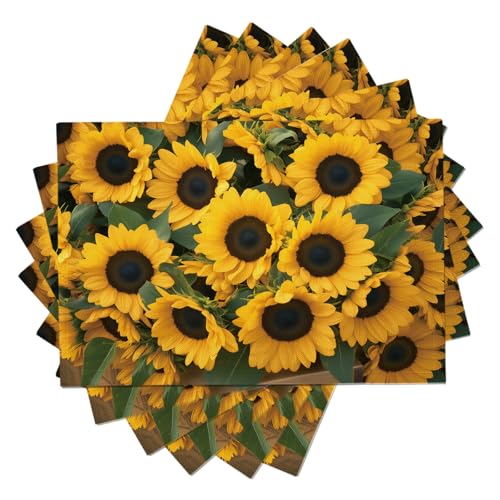 Juego de 8 Manteles Individuales Hermosas Flores Lavables Mantel Individual de Algodón Lino Girasol Amarillo,Resistentes al Calor Salvamanteles Individuales para Cocina 30×45 cm